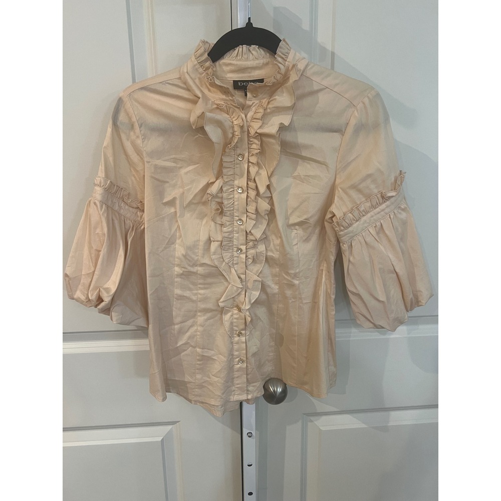 Vtg Bebe Women Ivory Ruffle High Neck Puff Sleeve Button Down Blouse Small - Picture 2 of 9